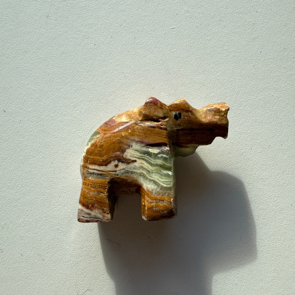 Vintage Hand Carved Banded Onyx Stone Hippo Bear Figurine Brown Green